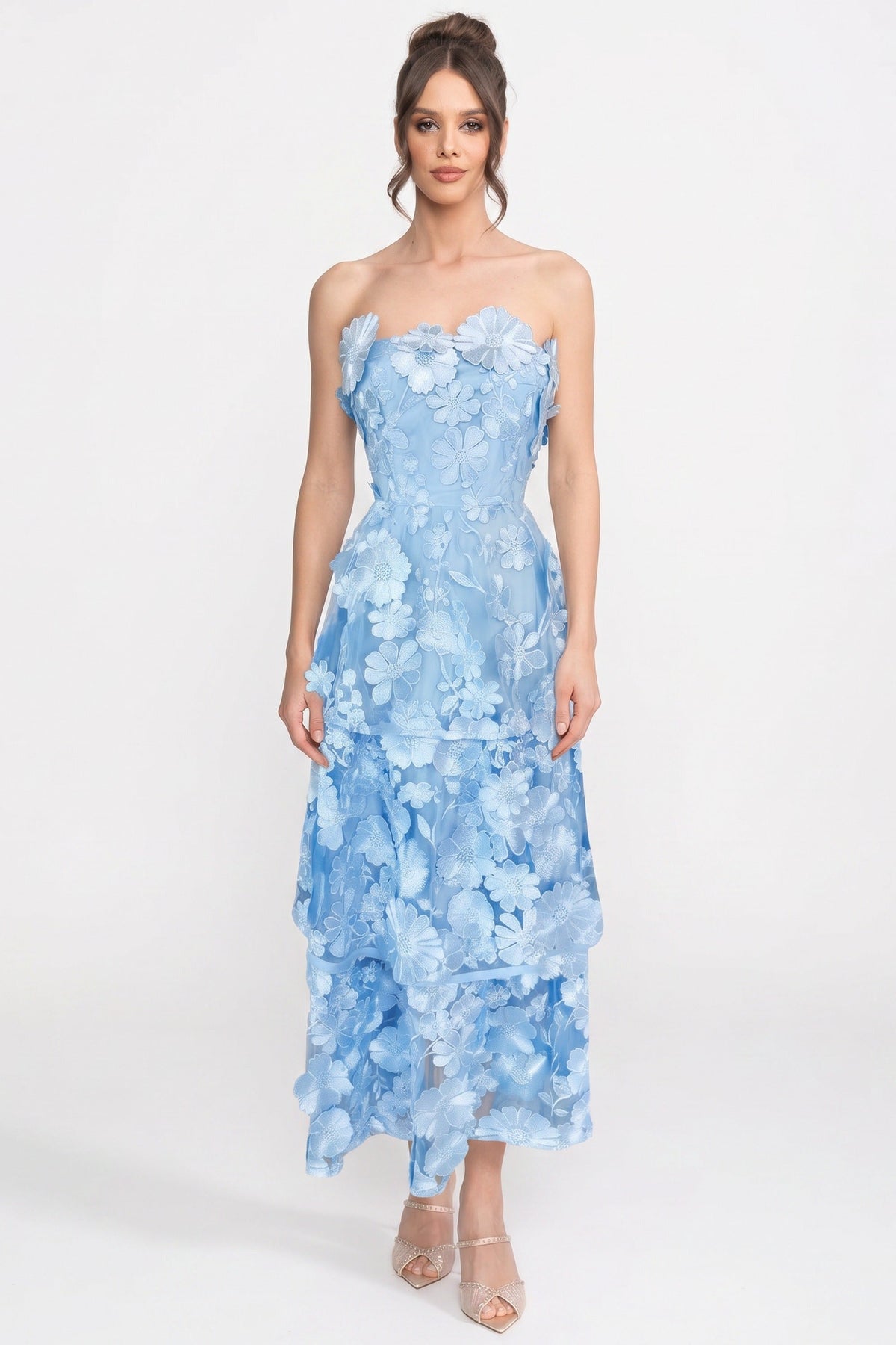 Strapless Layered Lace Midi Dress with Floral Appliqués – Light Blue