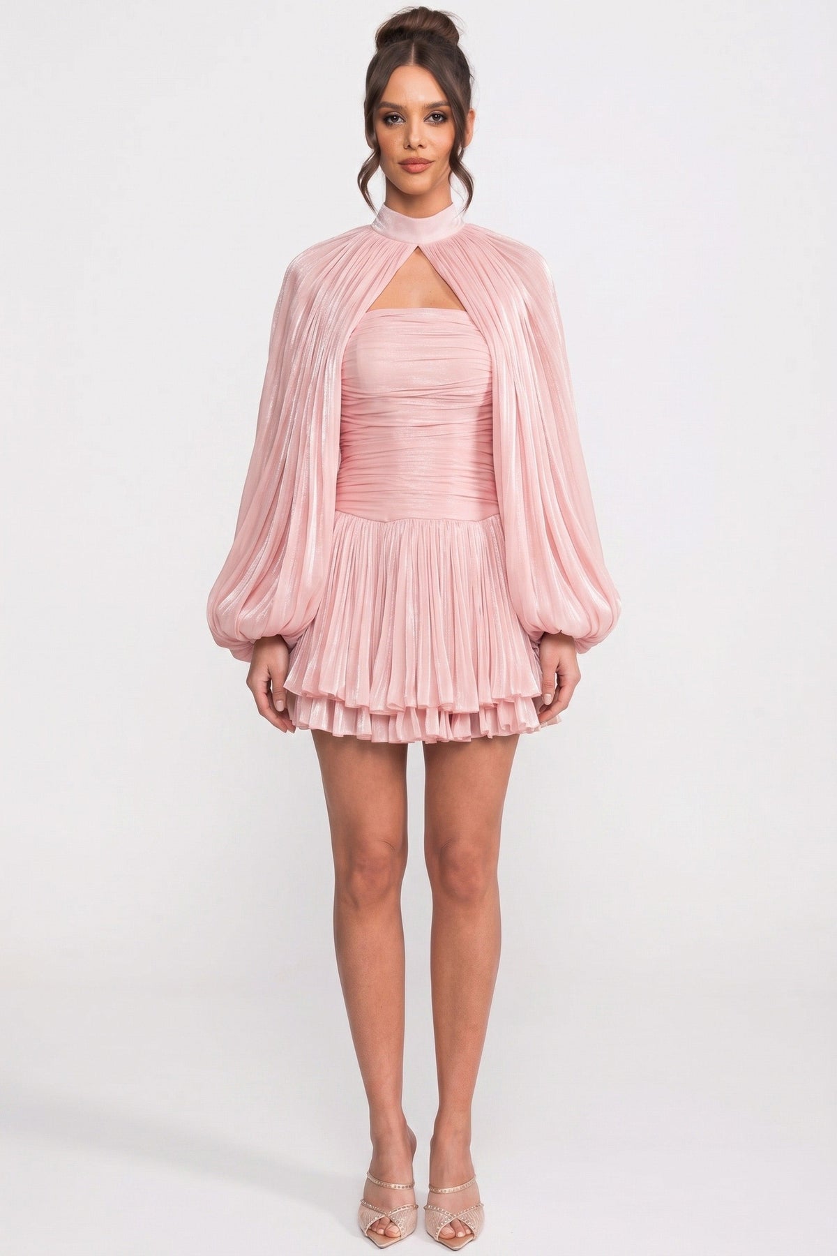 High Neck Balloon Sleeve Pleated Trapeze Mini Dress – Pink – view 6
