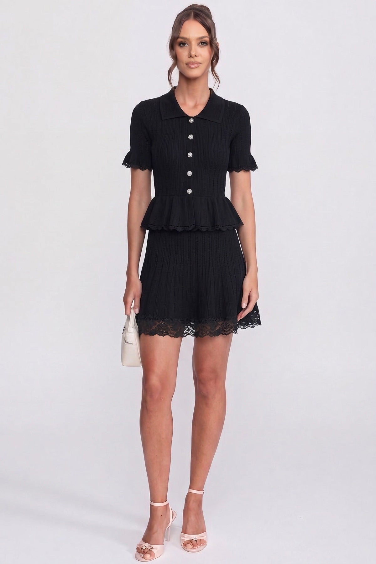 Polo Collar Ribbed Knit Peplum Top and Mini Skirt Set – Black – view 3