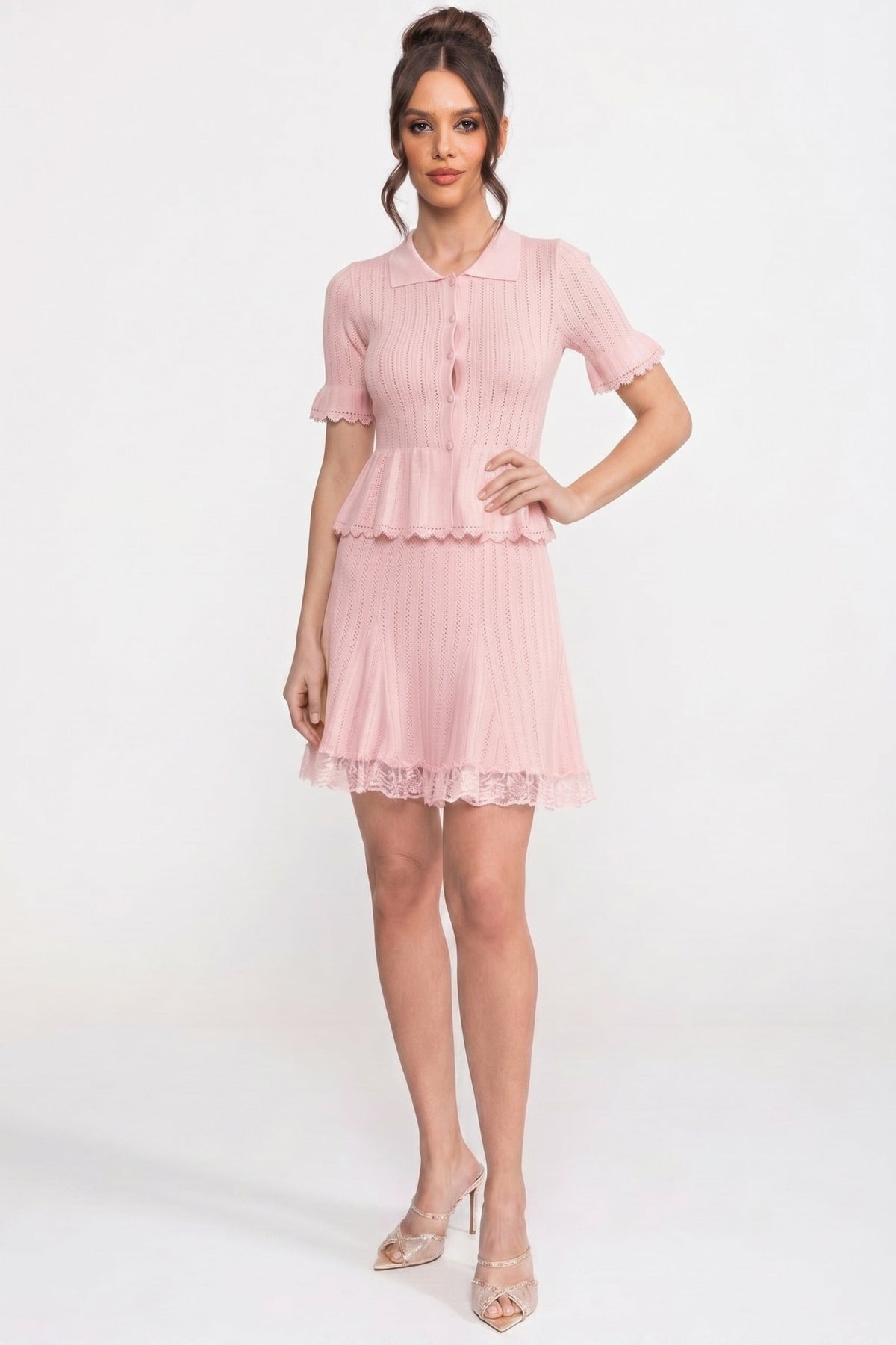 Peter Pan Collar Knit Peplum Top and Mini Skirt Set with Lace Hem – Pink – view 6
