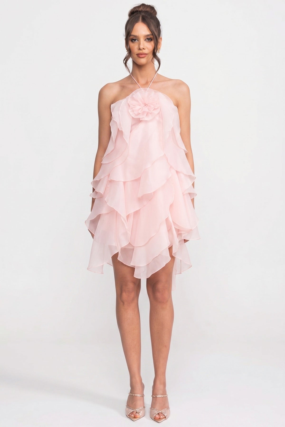 Tiered Ruffle Mini Dress with 3D Floral Halter Neck – Pink – view 4