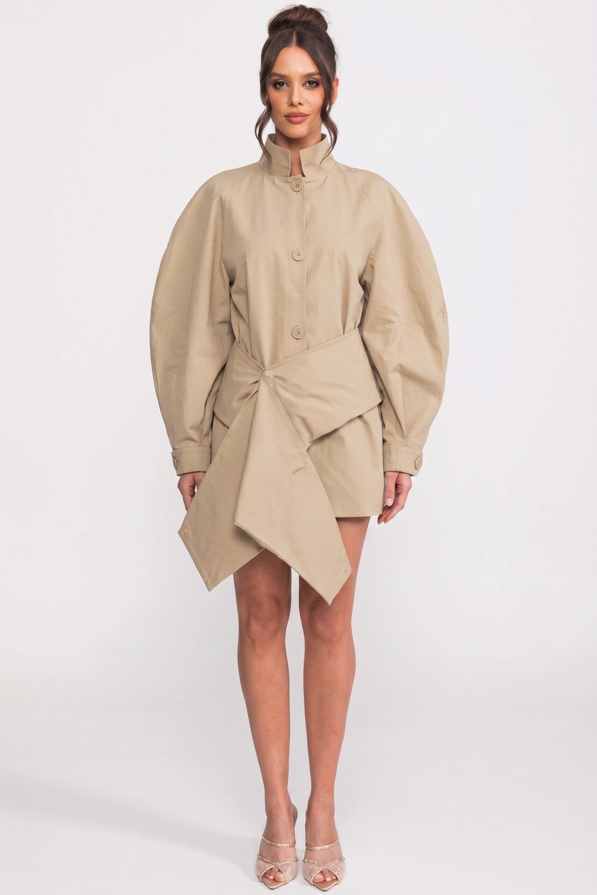 High Collar Balloon Sleeve Belted Jacket with Asymmetric Hem – Beige – view 1