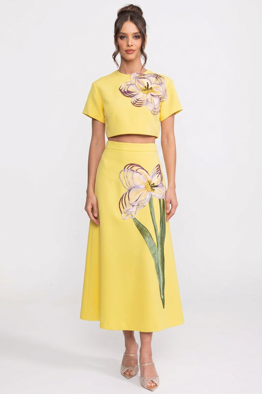 Iris Floral Print Crop Top and A-Line Maxi Skirt Co-ord Set – Yellow