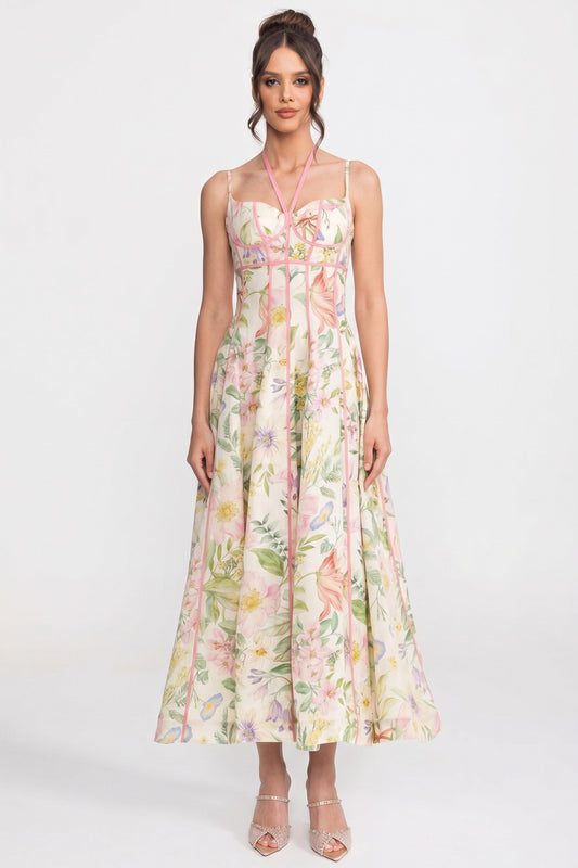 Sweetheart Corset Floral Midi Dress with Ribbon Trim – Multicolour
