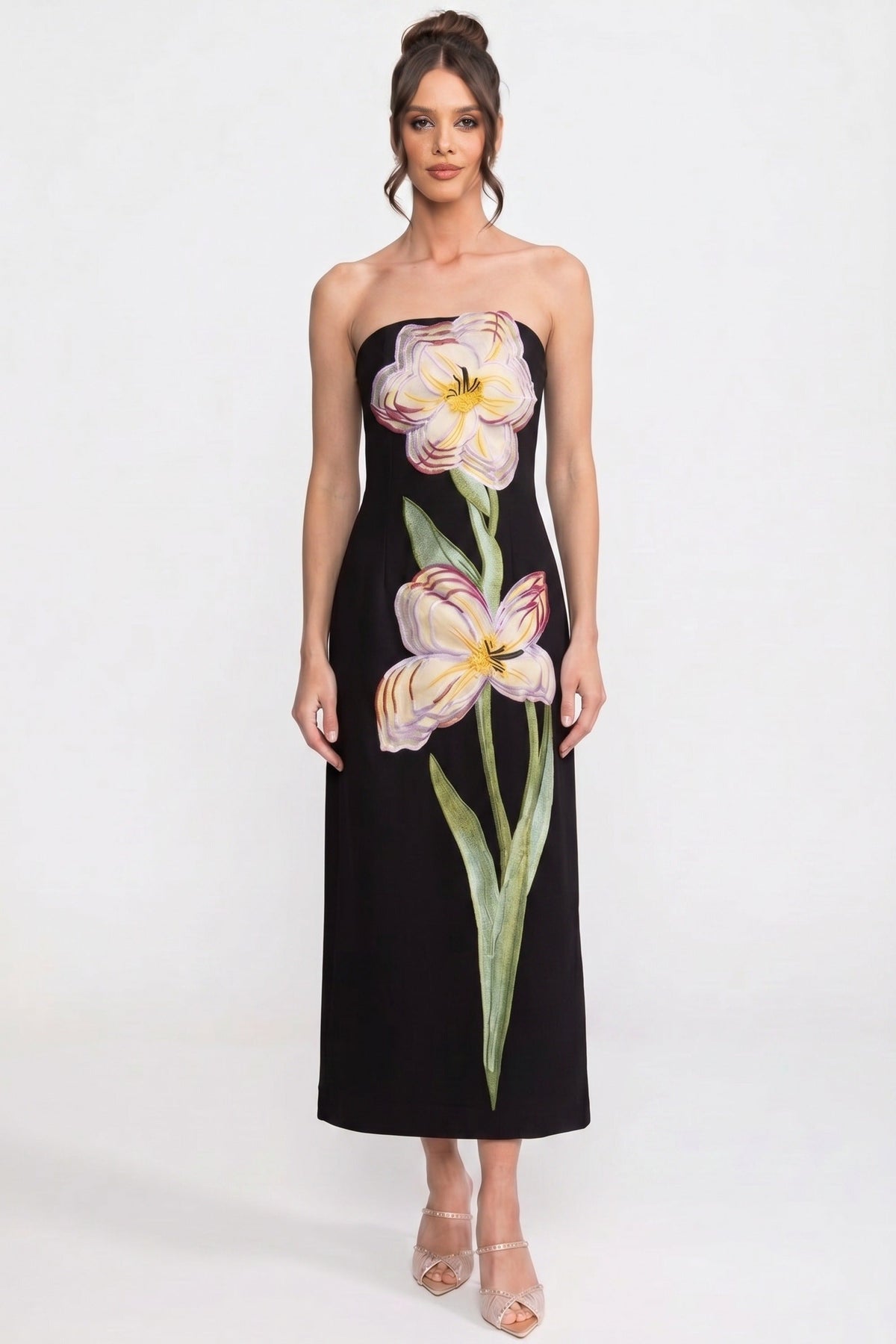 Strapless Iris Floral Print Column Maxi Dress – Black – view 1