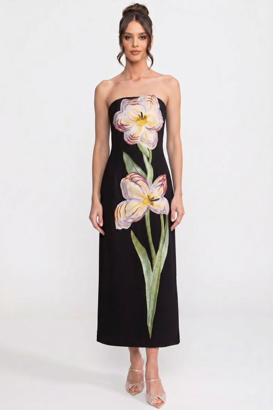 Strapless Iris Floral Print Column Maxi Dress – Black