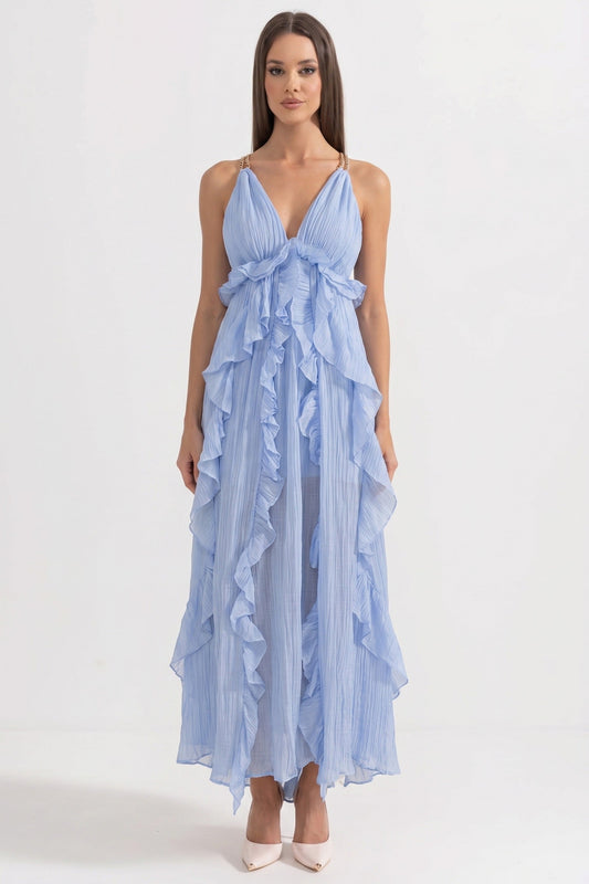 Deep V Halter Chiffon Ruffle Maxi Dress with Asymmetric Tiers – Blue