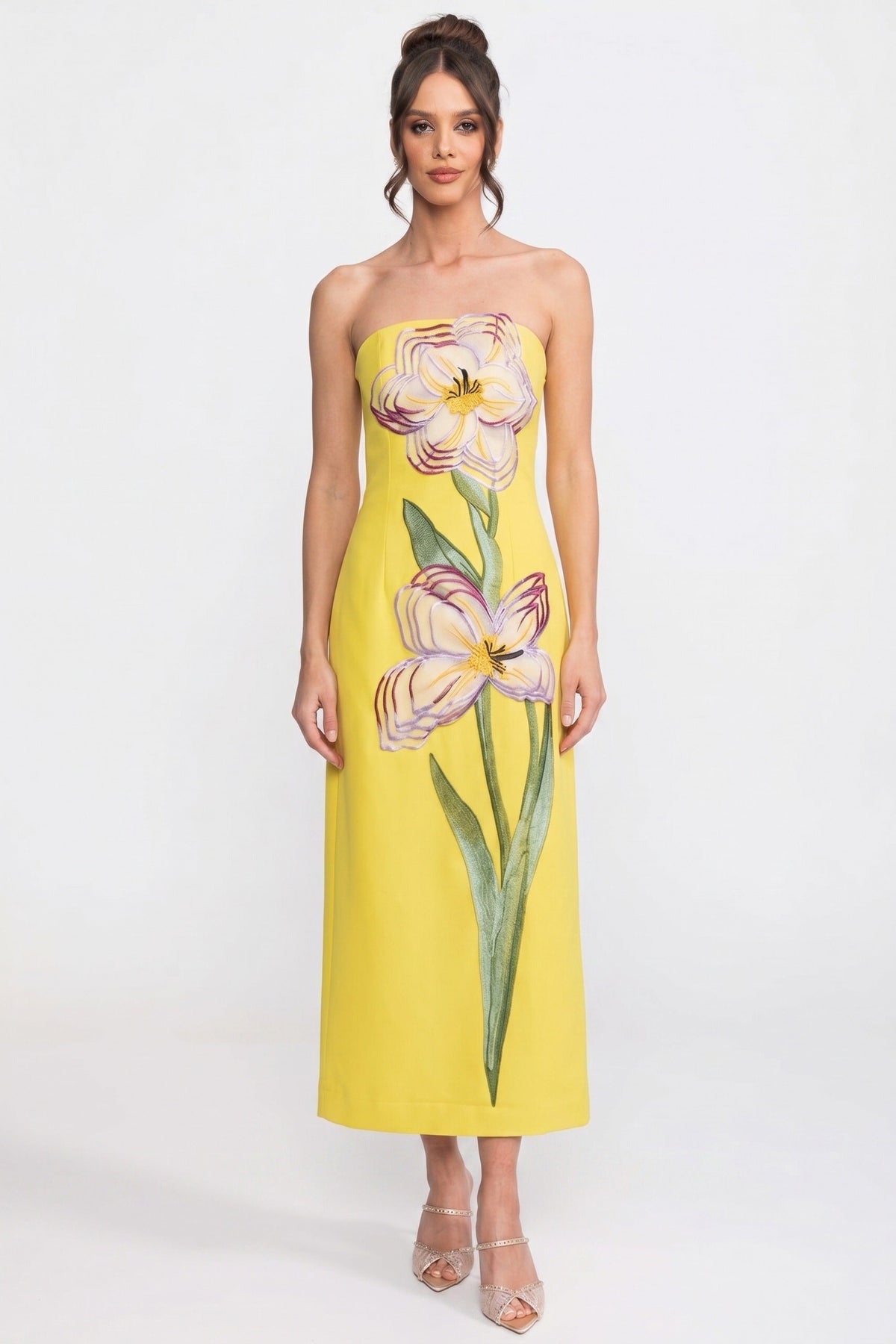 Strapless Column Maxi Dress with Oversized Iris Print – Yellow