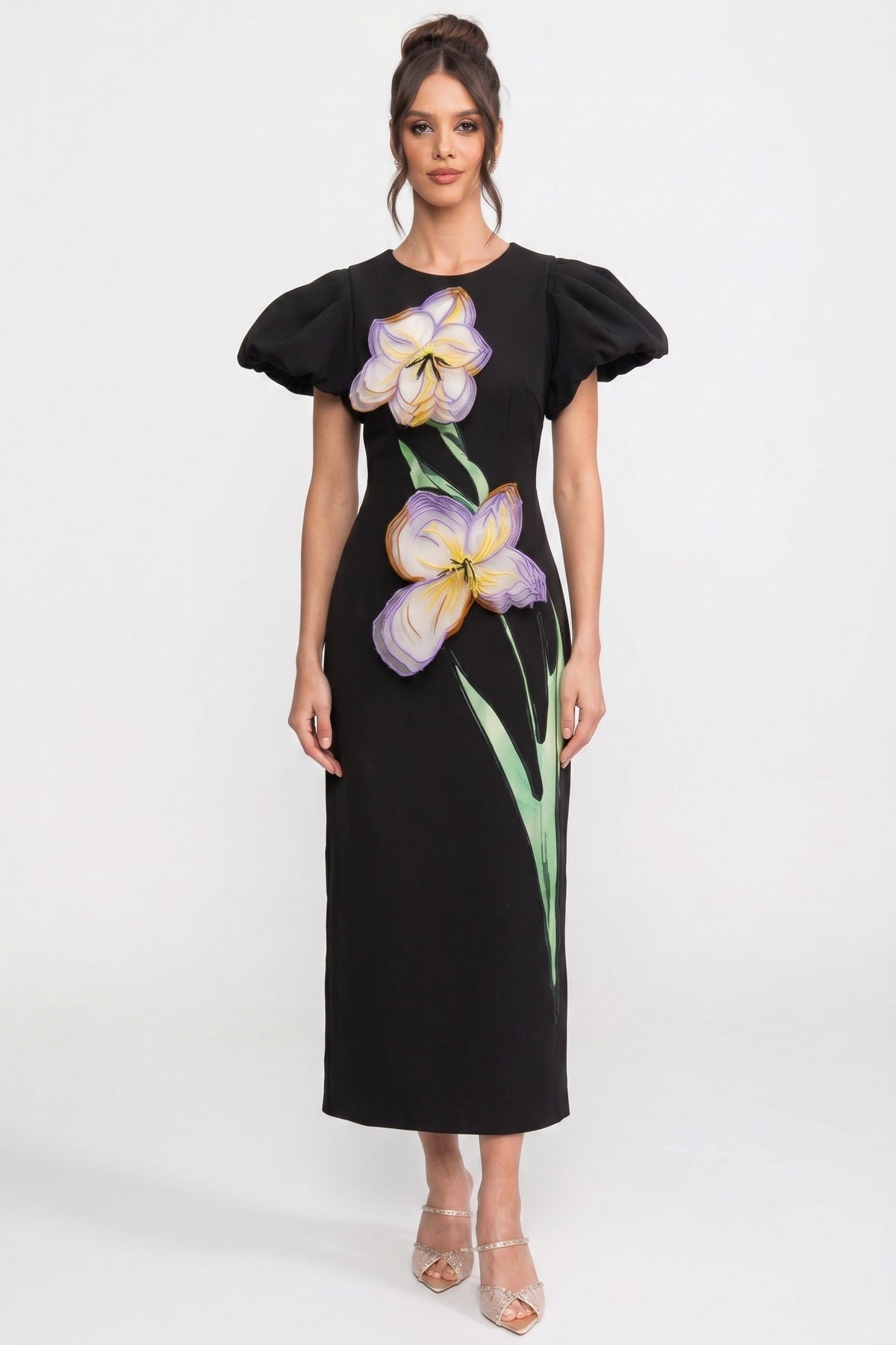 Sculptural Shoulder Column Maxi Dress with 3D Iris Appliqué – Black – view 1