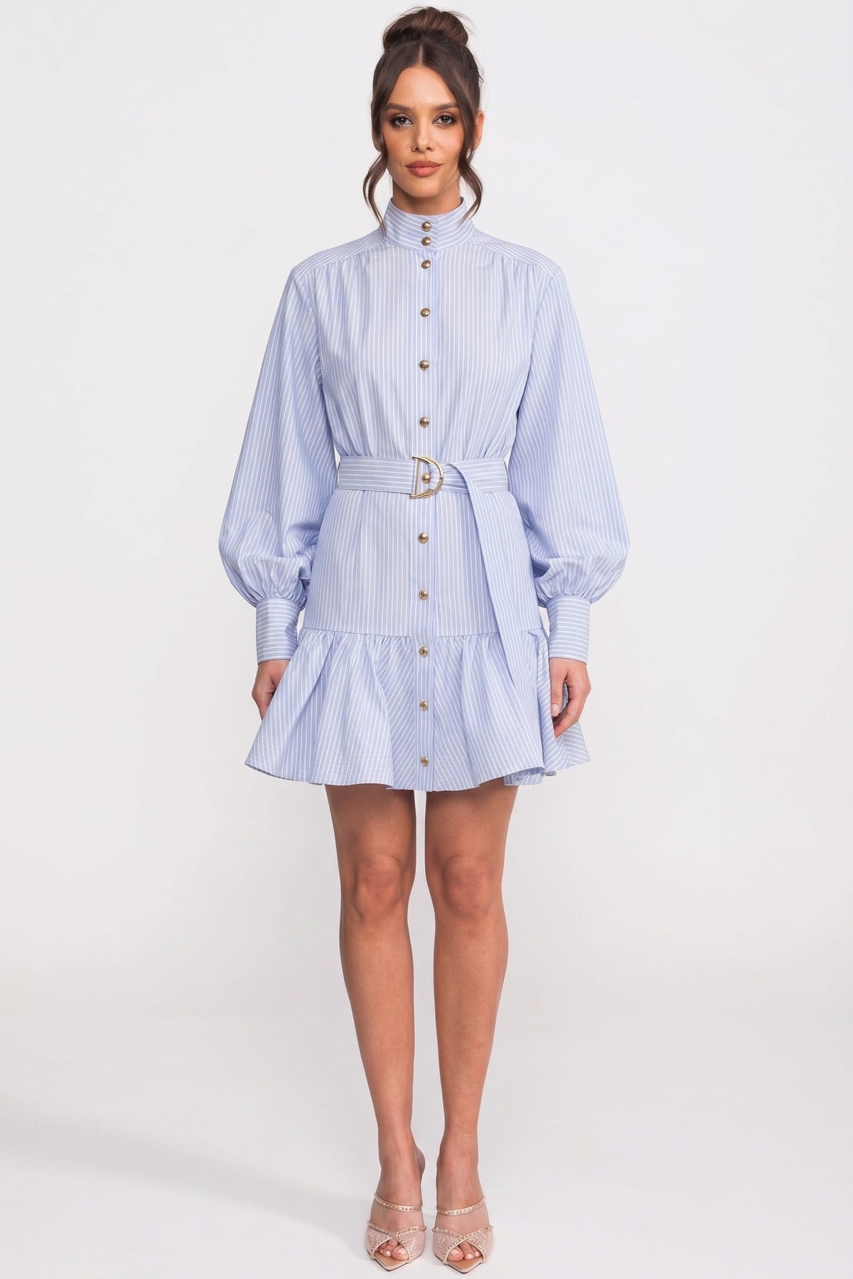 High Neck Striped Mini Dress with Balloon Sleeves and Bow Belt – Blue