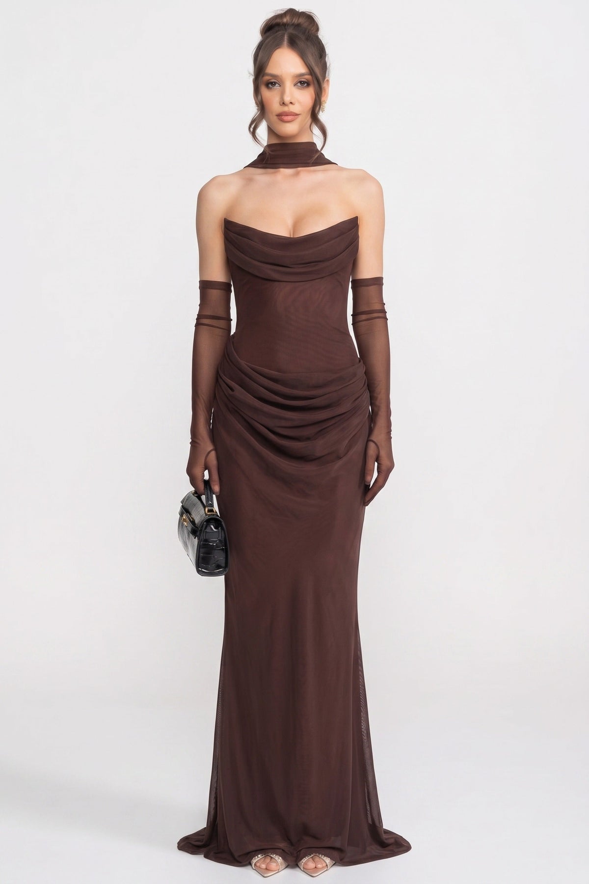Strapless Cowl Neck Draped Maxi Gown with Sheer Scarf – Brown – view 3