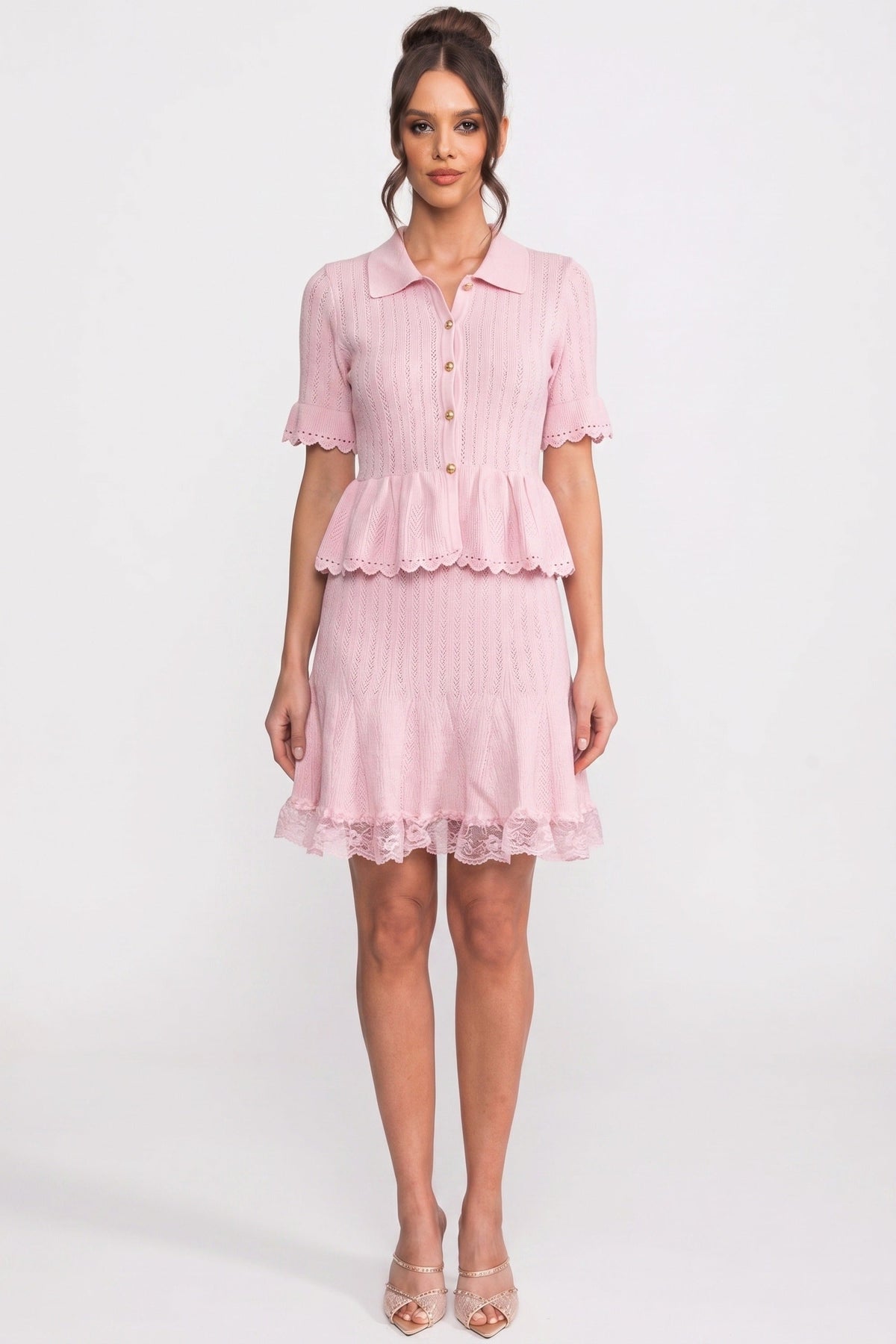 Polo Collar Ribbed Knit Peplum Top and Mini Skirt Set – Pink – view 3