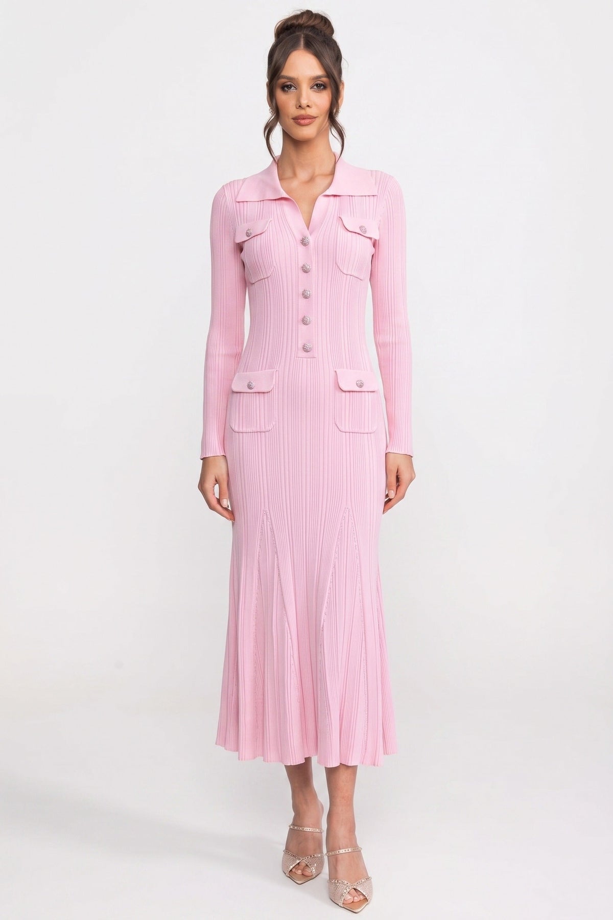 Long Sleeve Button-Front Knit Maxi Dress with Patch Pockets – Pink