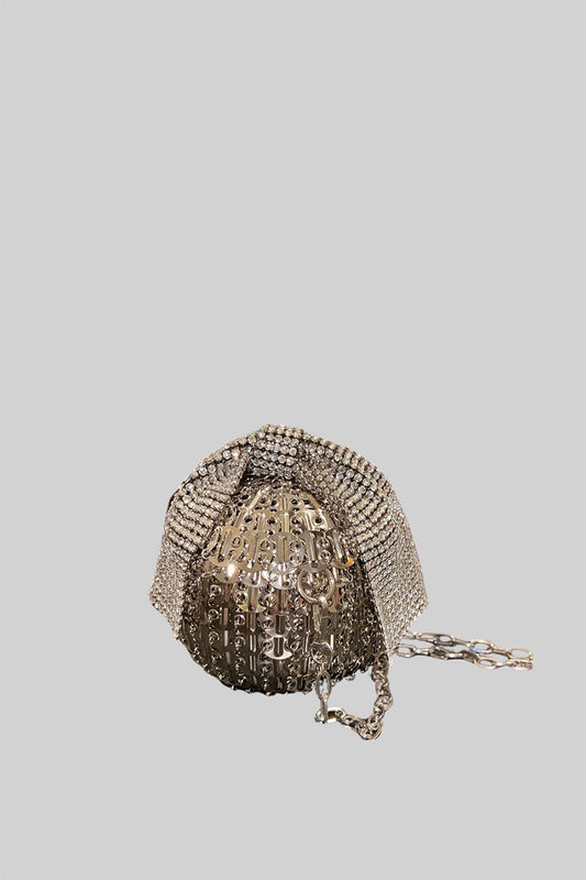 Spherical Metallic Handbag with Shimmering Embellishments – Silver