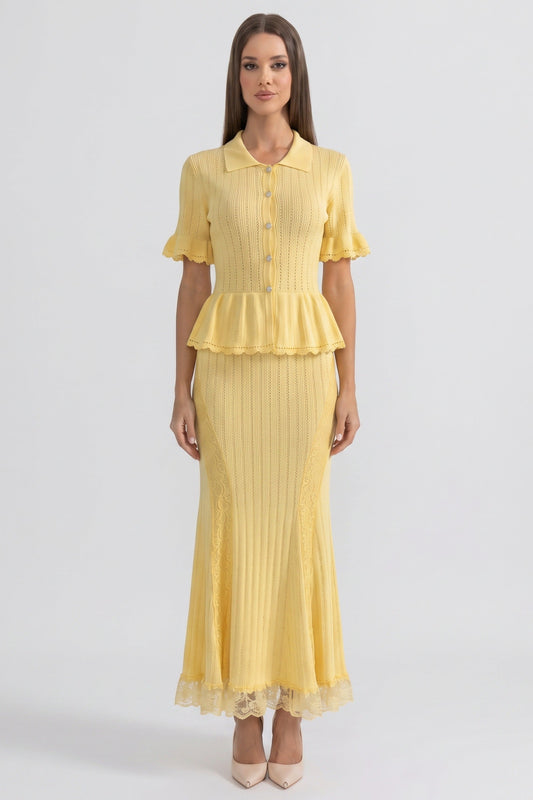 Peter Pan Collar Knit Peplum Maxi Dress with Ruffle Sleeves and Lace Hem – Yellow