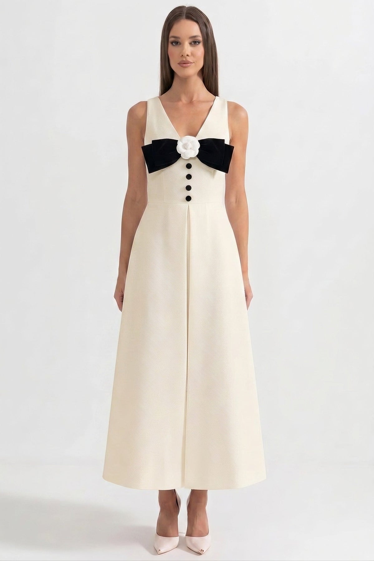 Halter Neck Button Front Maxi Dress with Black Bow and Pockets – White – view 1