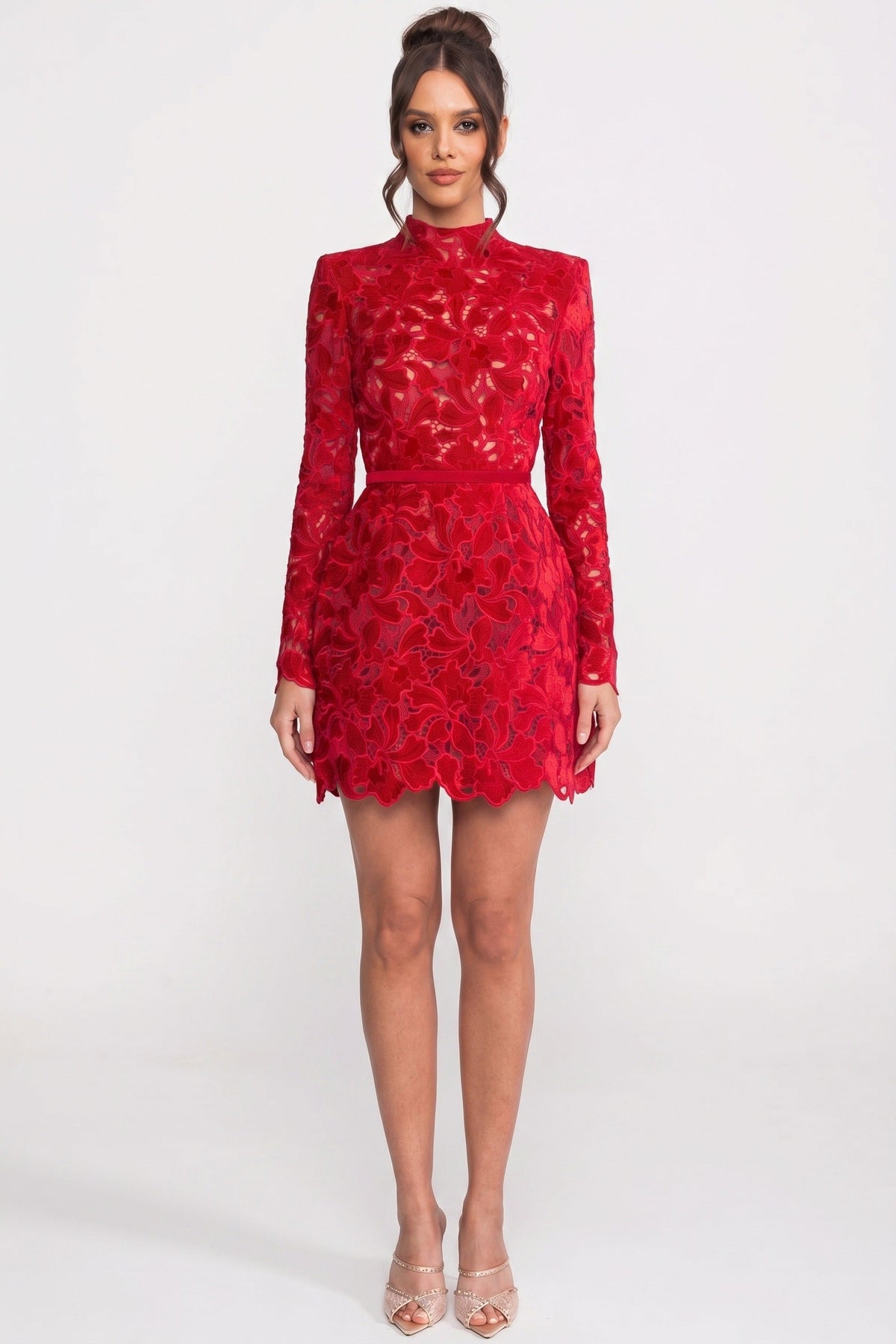 Long Sleeve Floral Lace Mini Dress with High Neck and Scalloped Hem – Red