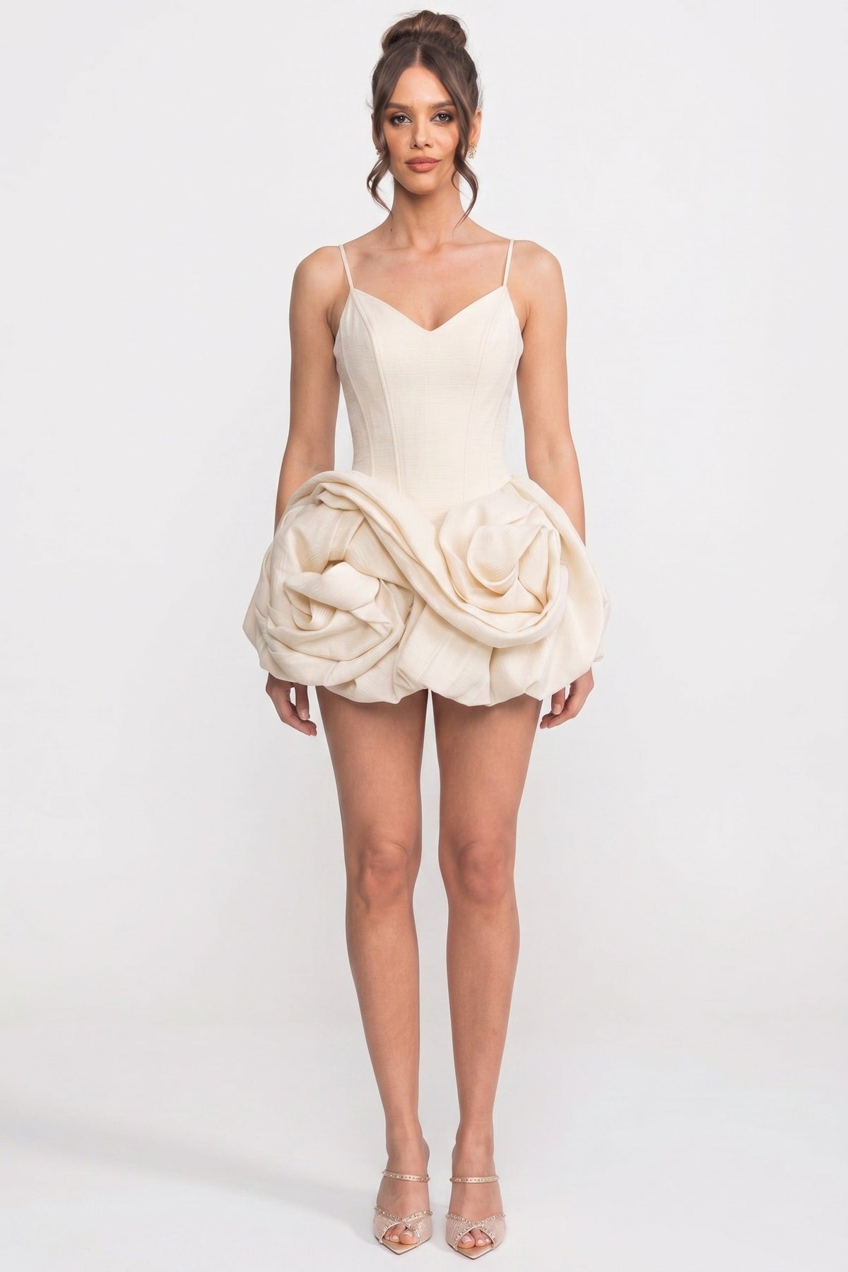 Spaghetti Strap Velvet Mini Dress with 3D Rose Skirt – Ivory – view 3