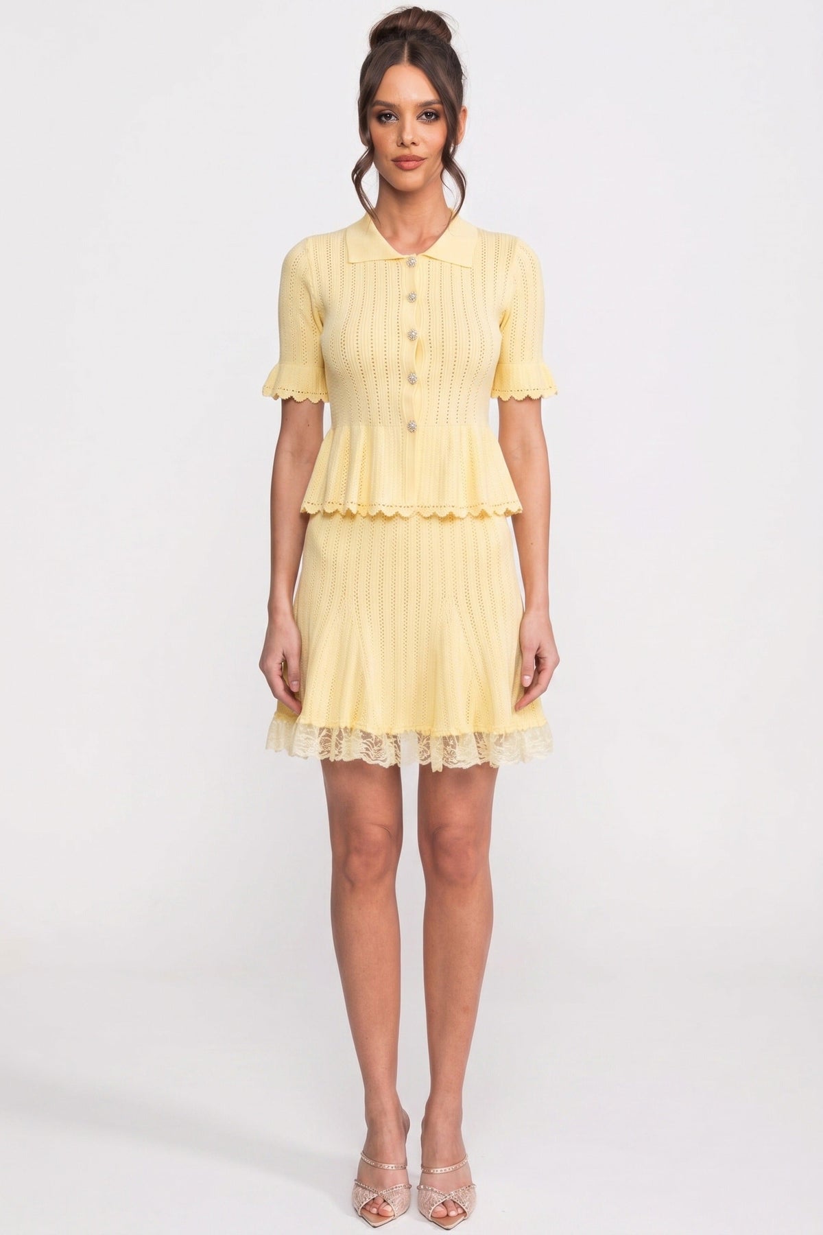 Peter Pan Collar Knit Peplum Top and Mini Skirt Set with Lace Hem – Yellow – view 6