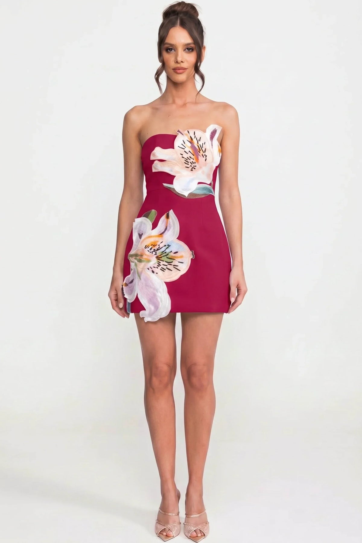 Strapless Botanical Print A-Line Mini Dress with Structured Bodice – Red