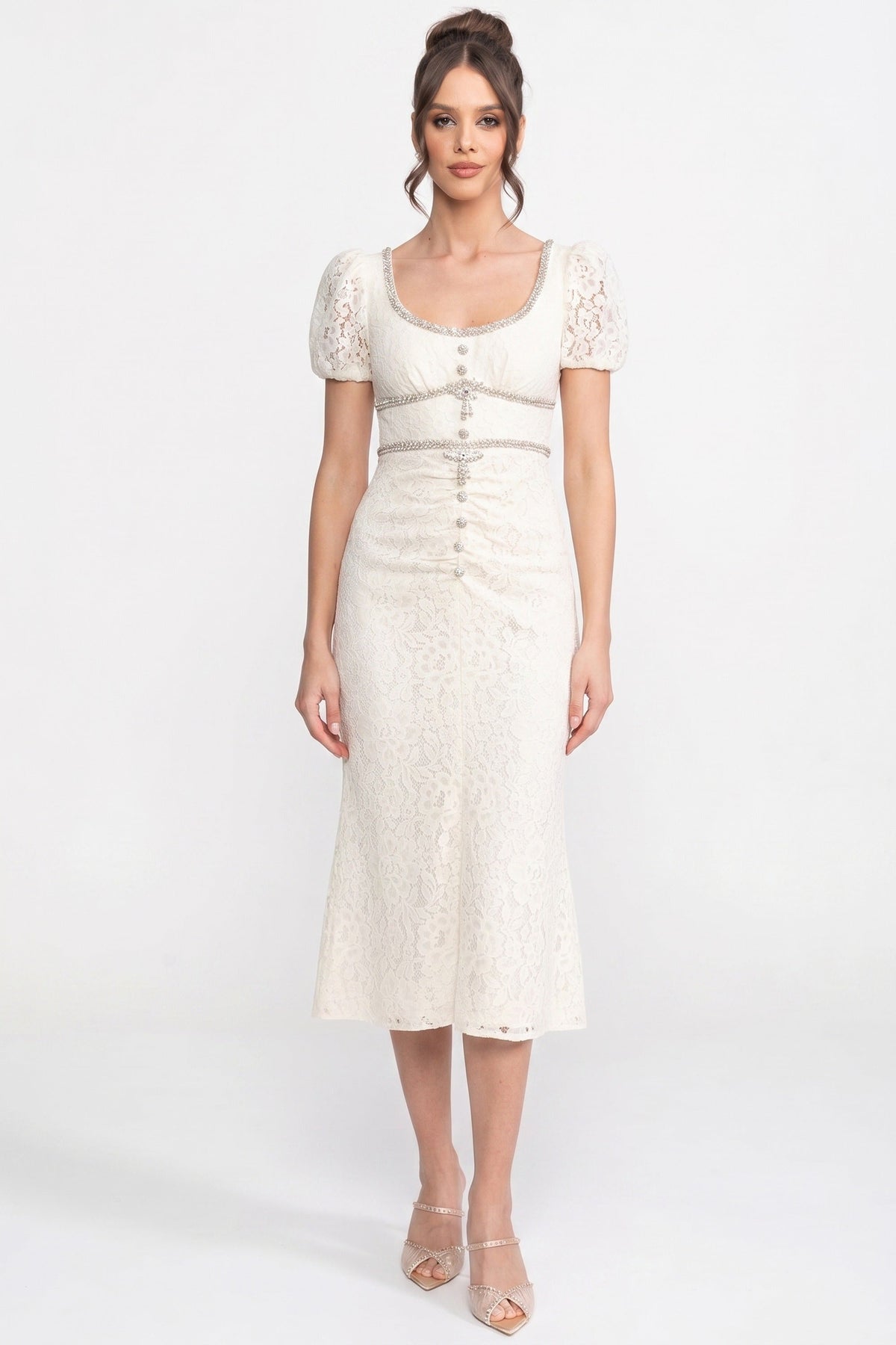 Lace Scoop Neck Puff Sleeve Dress with Button Detail – Ivory – view 1