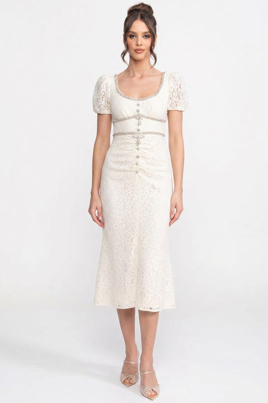 Lace Scoop Neck Puff Sleeve Dress with Button Detail – Ivory