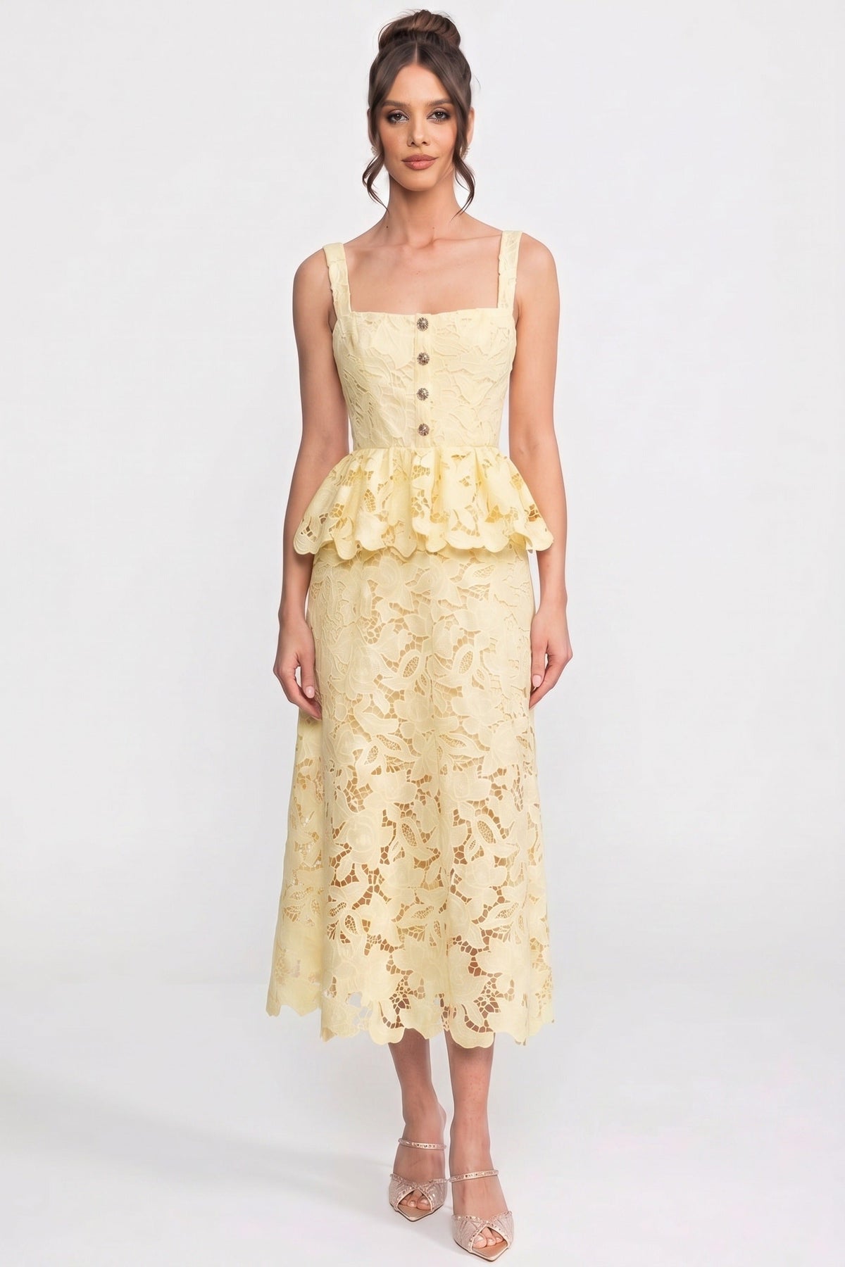 Sleeveless Lace Peplum Midi Dress with Square Neck – Yellow – view 5