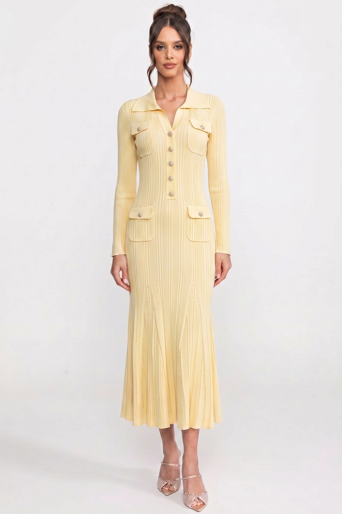 Long Sleeve Button-Front Knit Maxi Dress with Patch Pockets – Yellow