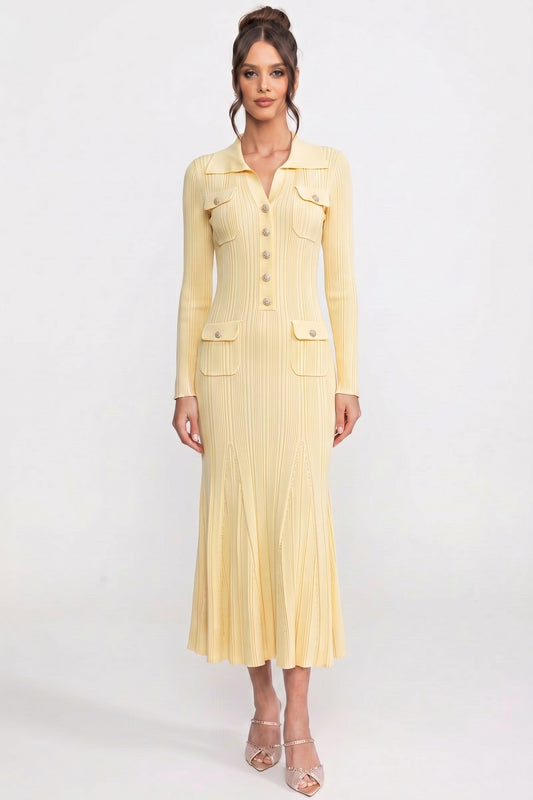 Long Sleeve Button-Front Knit Maxi Dress with Patch Pockets – Yellow