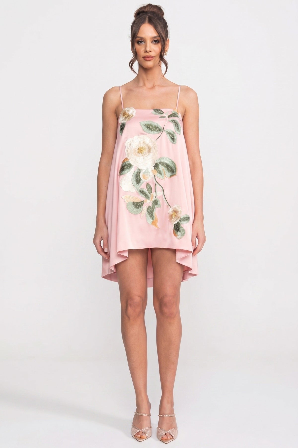 A-Line Mini Dress with Spaghetti Straps and 3D Camellia – Pink – view 3