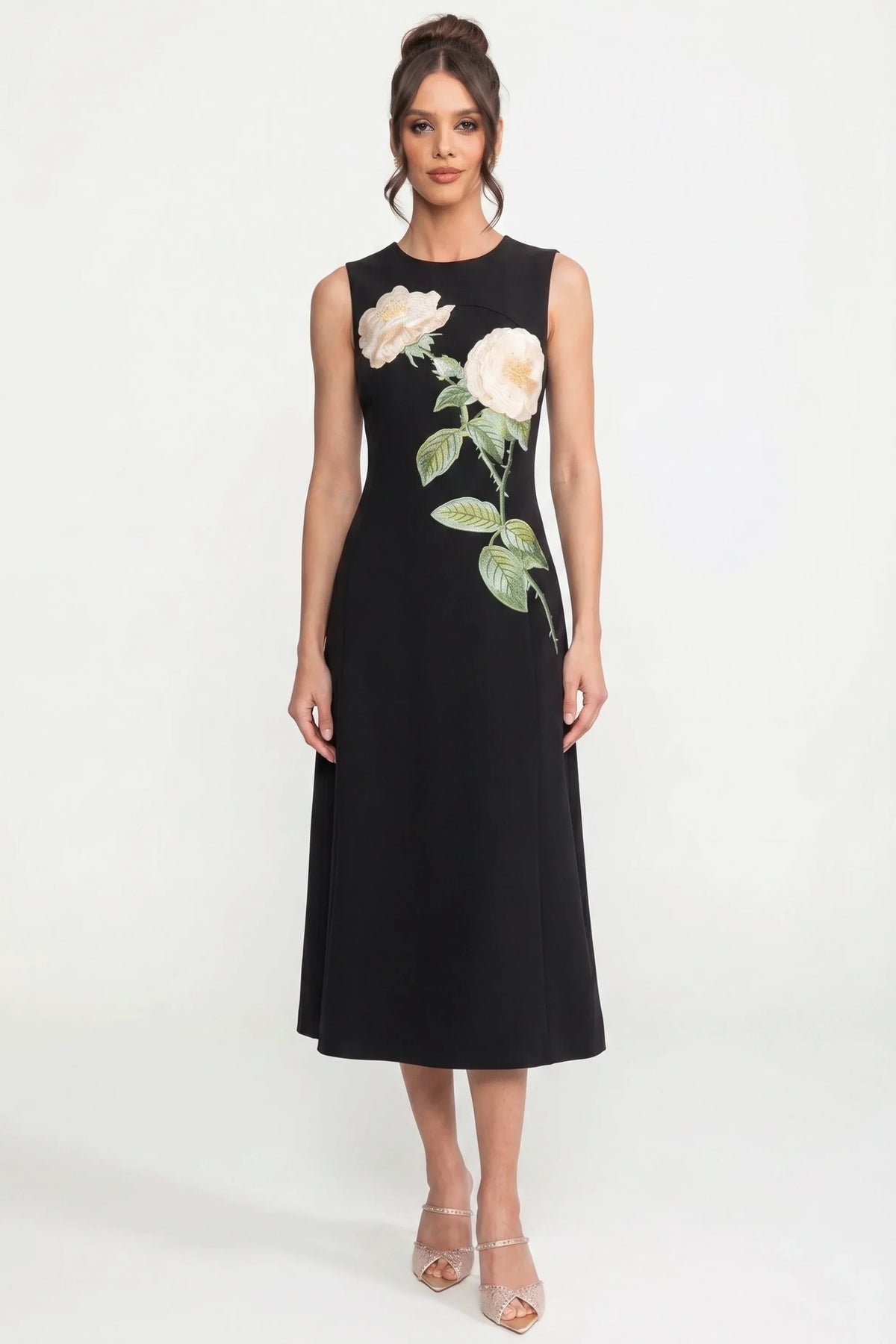 Sleeveless 3D Floral Appliqué Midi Dress with Full Skirt – Black