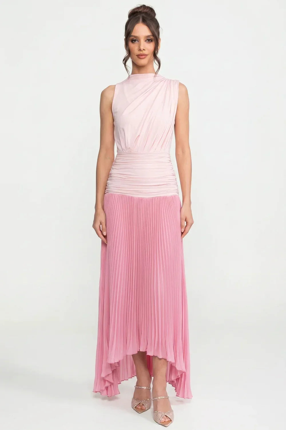 Accordion Pleated Halter Neck Column Maxi Dress with Ruched Waist – Pink – view 1