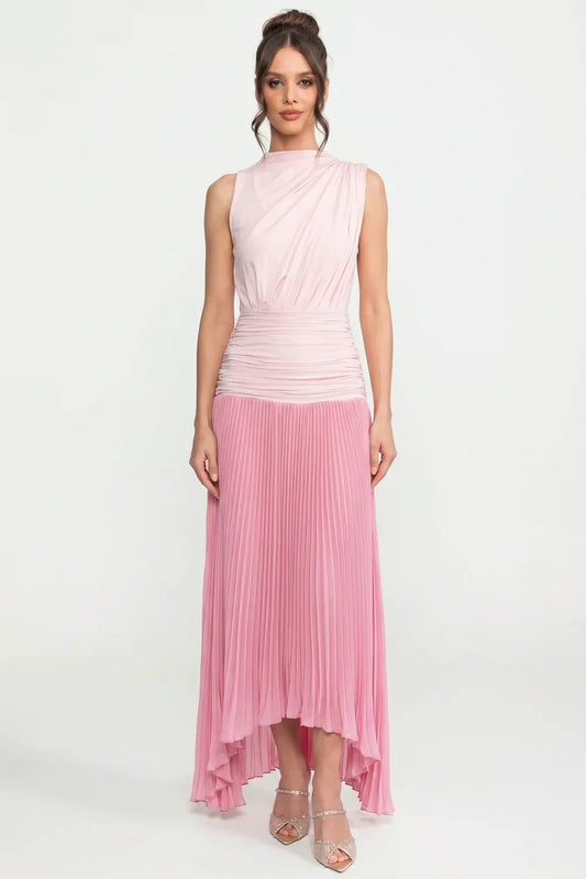 Accordion Pleated Halter Neck Column Maxi Dress with Ruched Waist – Pink