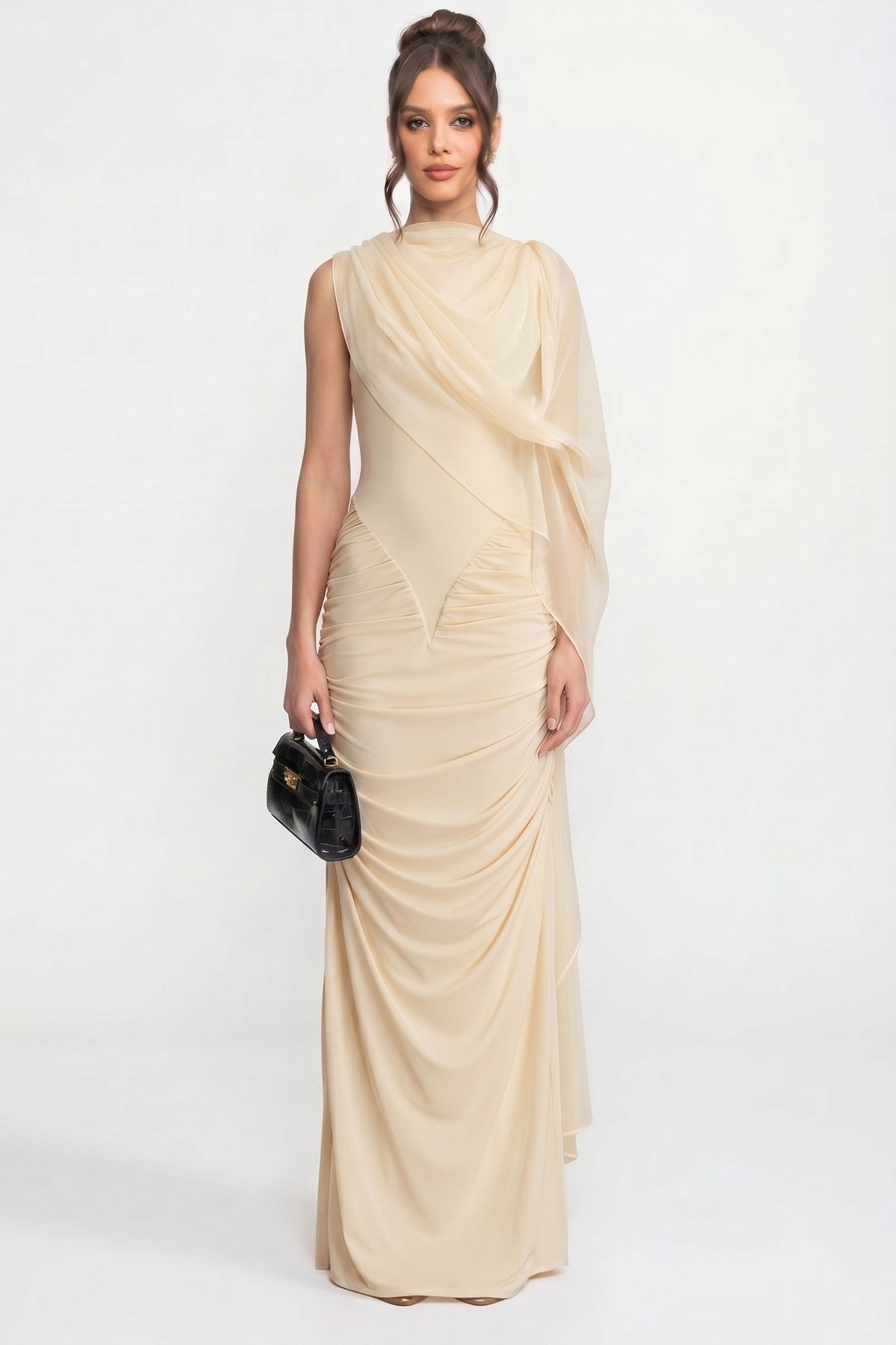 One-Shoulder Draped Maxi Dress with Sheer Scarf Detail – Beige