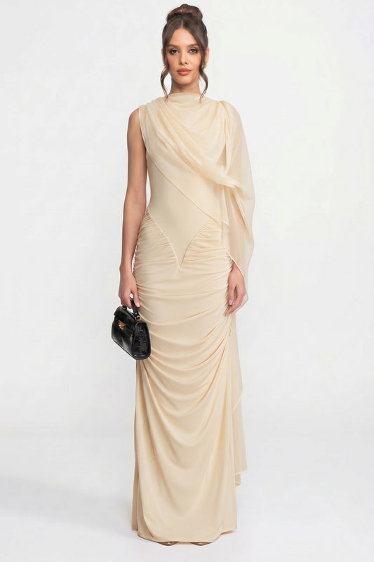 One-Shoulder Draped Maxi Dress with Sheer Scarf Detail – Beige