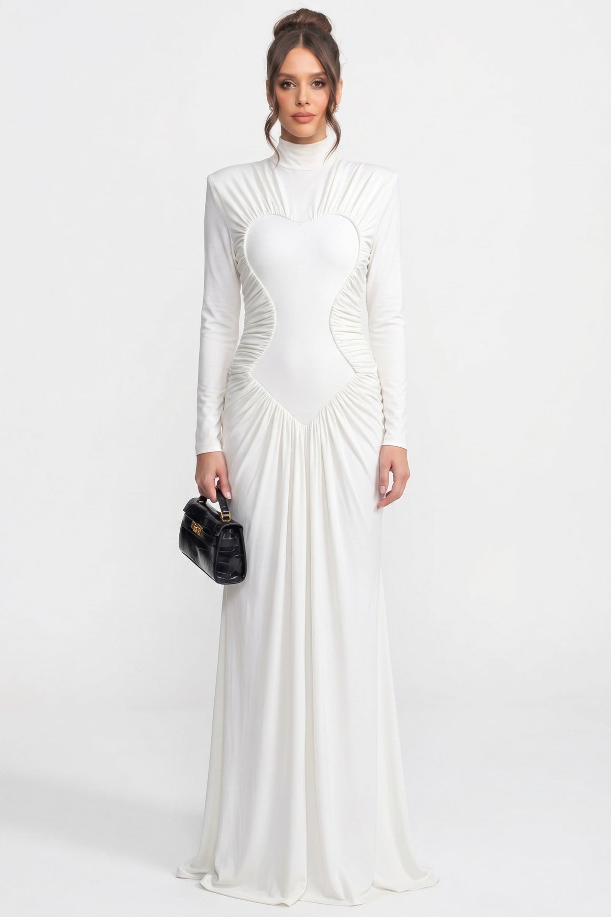 Mock Neck Long Sleeve Ruched Mermaid Gown with Train – White – view 3