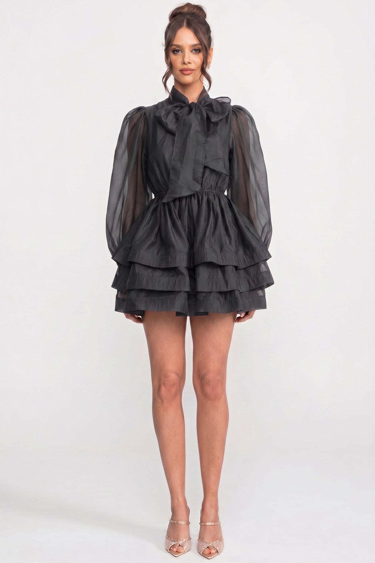 High Neck Bow Puff Sleeve Mini Dress with Tiered Ruffle Skirt – Black – view 4