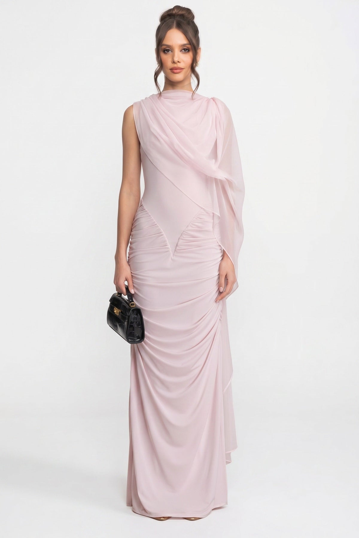 One-Shoulder Draped Maxi Dress with Sheer Scarf Detail – Pink – view 1