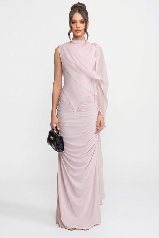 One-Shoulder Draped Maxi Dress with Sheer Scarf Detail – Pink