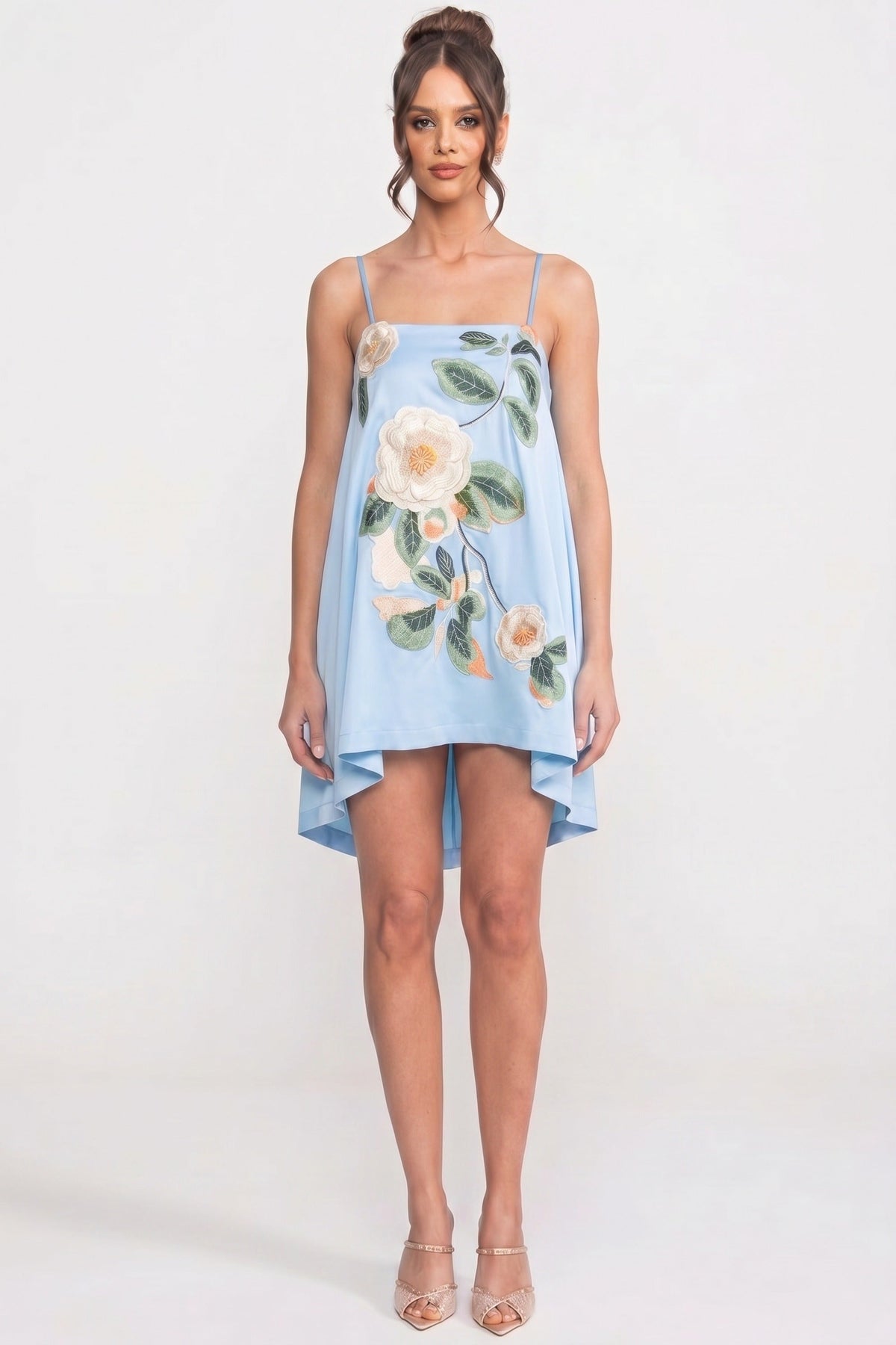 Spaghetti Strap A-Line Mini Dress with 3D Camellia Appliqué – Blue