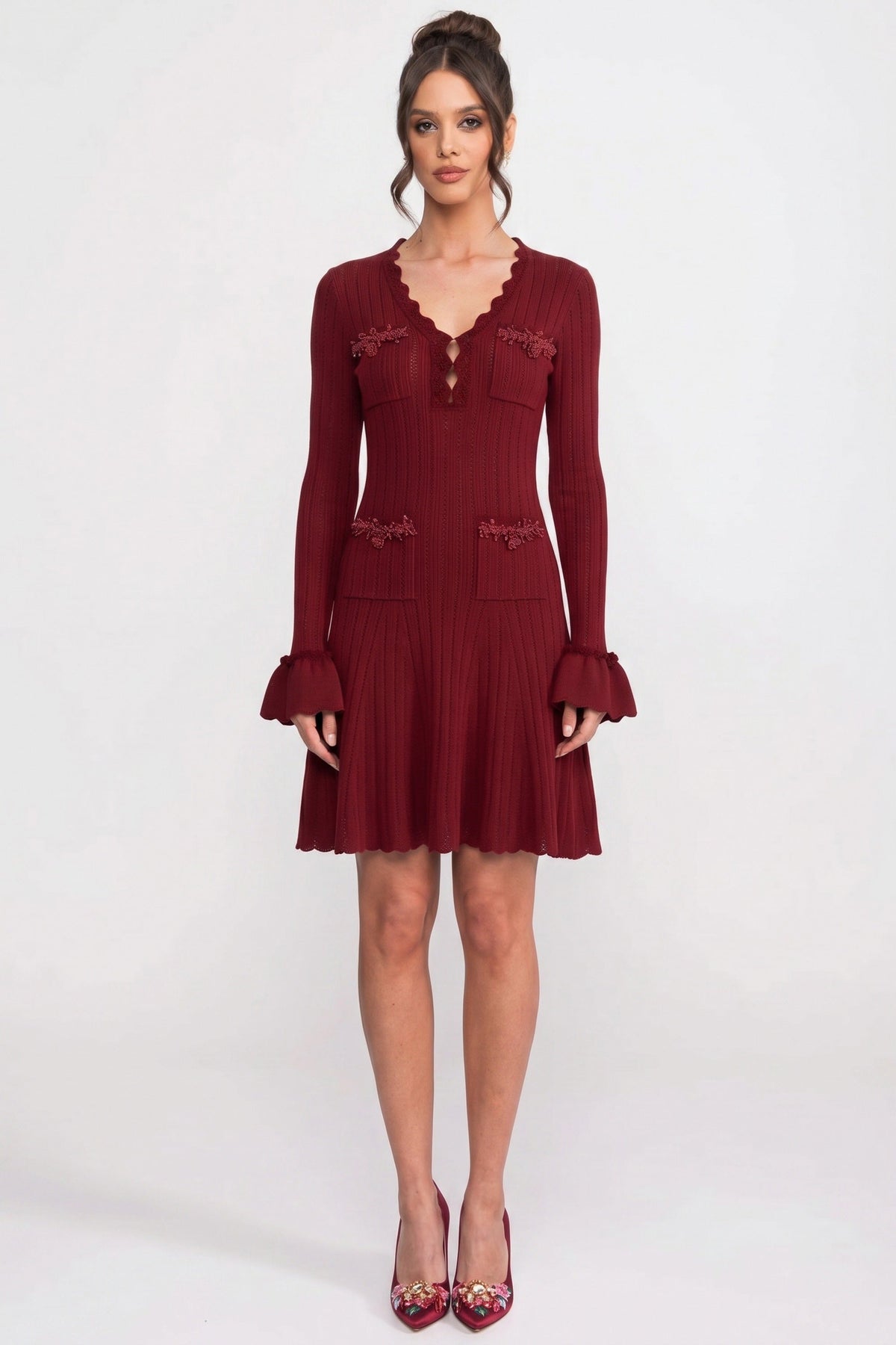 V-Neck Ribbed Knit Mini Dress with Ruffle Hem and Bow Cuffs – Burgundy – view 1