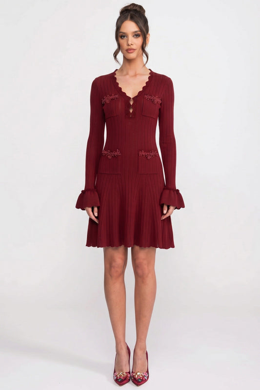 V-Neck Ribbed Knit Mini Dress with Ruffle Hem and Bow Cuffs – Burgundy