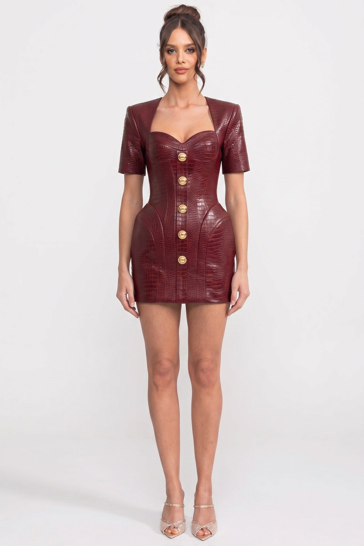 Croc-Effect Sweetheart Mini Dress with Gold Button Front – Red – view 3