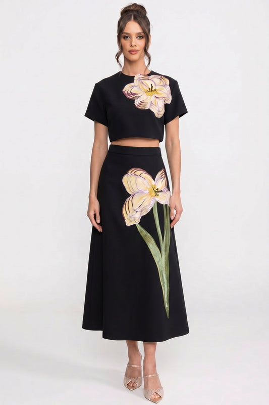Iris Floral Print Crop Top and A-Line Maxi Skirt Co-ord Set – Black
