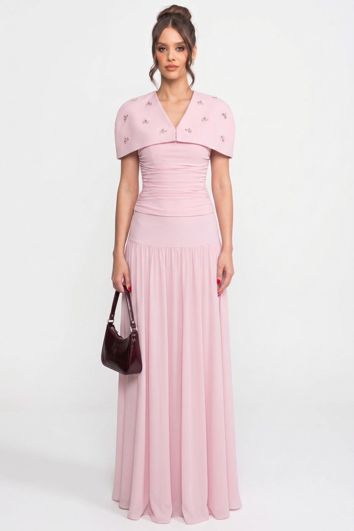 3-Piece Ruched Top, Detachable Cape and Maxi Skirt Co-ord Set – Pink – view 1