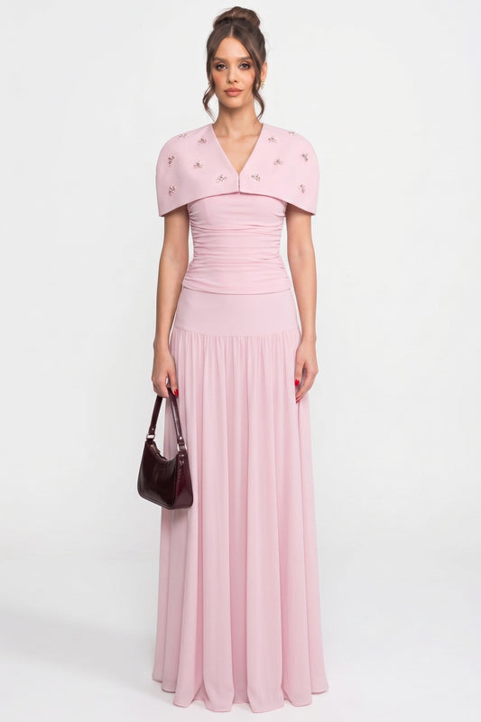 3-Piece Ruched Top, Detachable Cape and Maxi Skirt Co-ord Set – Pink