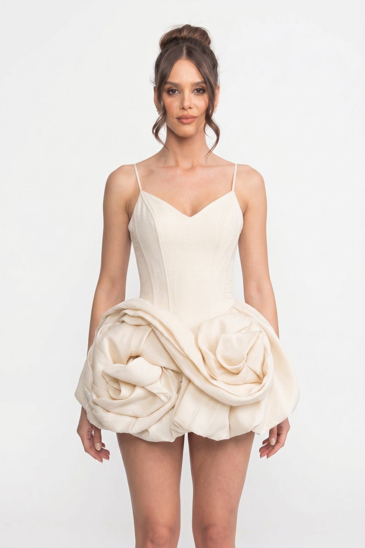 Spaghetti Strap Velvet Mini Dress with 3D Rose Skirt – Ivory – view 1