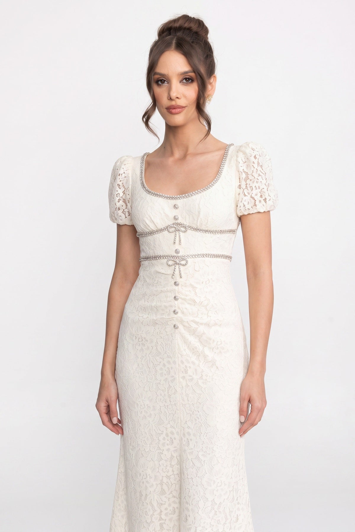 Lace Scoop Neck Puff Sleeve Dress with Button Detail – Ivory – view 3