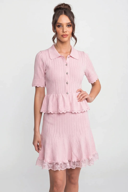 Polo Collar Ribbed Knit Peplum Top and Mini Skirt Set – Pink