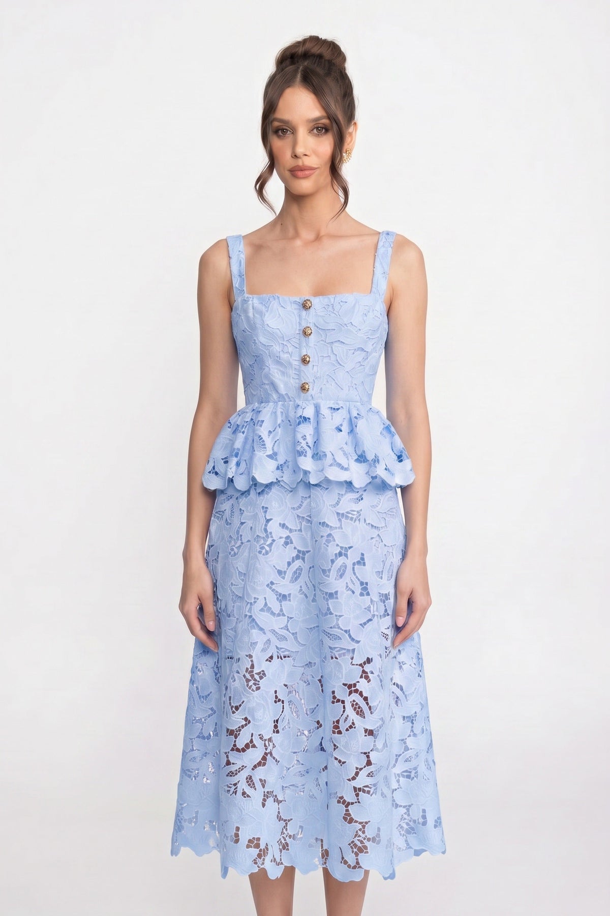 Sleeveless Lace Peplum Midi Dress with Golden Buttons – Blue – view 6